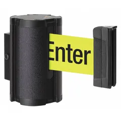 This wall-mount retractable belt barrier features a yellow belt with black 'Caution Do Not Enter' messaging and a black frame. It is used to cordon off restricted areas in industrial facilities, warehouses, and public spaces, helping manage pedestrian traffic and enhance safety.