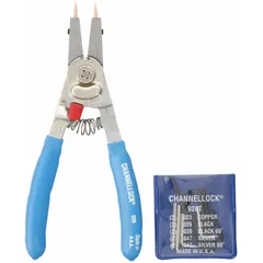 Convertible retaining-ring pliers for installing and removing both external and internal retaining rings. Suitable for bore diameters from 1/4 in to 1 in and shaft diameters from 1/8 in to 1 in. Commonly used in maintenance and assembly tasks across various industrial applications.