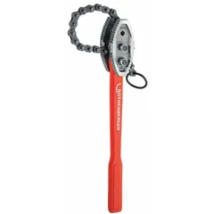 Steel single end chain tongs with 32 in chain length and 45 1/4 in handle length. Designed for gripping and turning round or irregularly shaped pipes, fittings, and shafts in plumbing and industrial maintenance.