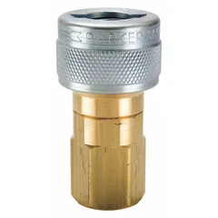 Socket-type, push-to-connect coupling for Schrader-style pneumatic quick-connect systems. Constructed of brass and steel with a 1/2 in female NPT connection. Used to rapidly connect and disconnect air tools, hoses, and equipment in compressed-air lines.