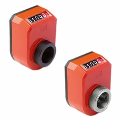 Mechanical position indicator with inclined upper display for visual readout of shaft rotation. Count direction increases clockwise, showing 001.00 after one revolution. Suitable for industrial machinery to monitor linear or rotary position.