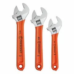 This adjustable wrench set includes three wrenches with overall lengths of 6, 8, and 10 inches. The wrenches are made of alloy steel with a satin chrome and polished face finish. A storage pouch is included. Suitable for general gripping and turning of nuts, bolts, and fittings in maintenance, plumbing, and mechanical tasks.