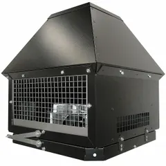 Roof-mount exhaust draft inducer for furnaces, suitable for solid fuel fireplace applications. Features a stainless steel wheel and permanent split capacitor motor. Operates on 115V AC, 5.8 A. Includes manual speed control. cETL Listed.