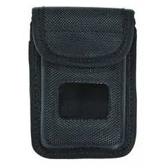 This key pouch is constructed from black ballistic nylon, measuring 5 inches by 87 millimeters. It features a snap closure and is designed to fit belts up to 2 1/4 inches wide. Commonly used for carrying alarm keys or similar items requiring secure and accessible storage.