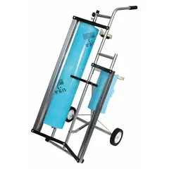 Steel mobile masking dispenser with cutter, designed to hold two 36-inch rolls of paper vertically. Accommodates rolls up to 3 feet wide. Suitable for dispensing and cutting masking materials in auto body repair and industrial painting applications.