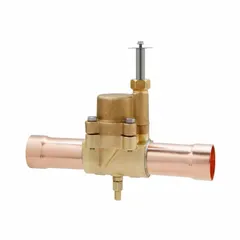 This Parker refrigeration solenoid valve is a normally closed, 2-way valve with a 0.4 in port size. It is used to control the flow of liquid or suction refrigerant in commercial and industrial refrigeration systems, such as regulating supply to evaporators, condensers, or hot-gas defrost circuits.