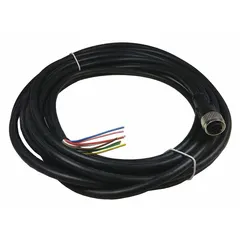 Single-ended cordset with M12 male straight connector on one end and bare wire on the other. Features 8 pins, 5 m cable length, black PVC jacket, and IP67 rating. Suitable for connecting sensors or actuators in industrial automation and control systems requiring flexible cabling.
