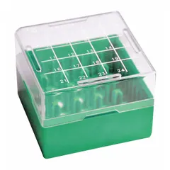 Cold storage box made of resin for organizing and protecting samples in laboratory or industrial freezer environments. Measures 75 mm overall length and 75 mm overall width. Suitable for storing vials, tubes, or cryogenic specimens.