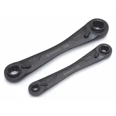 This 2-piece SAE wrench set features 12-point ratcheting box ends for fast, continuous turning without repositioning. Constructed from alloy steel with a black oxide finish, the wrenches have a 0° head offset angle and cover sizes from 5/16 in to 3/4 in. The set is stored in a tray, suitable for tightening or loosening fasteners in confined spaces.