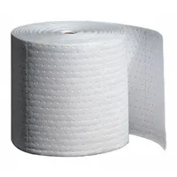 This polypropylene sorbent roll measures 15 inches wide by 150 feet long and is white in color. It is used for absorbing industrial fluid spills, leaks, and drips in maintenance, manufacturing, and processing environments