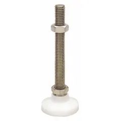 Swivel male leveling mount with 1/4"-20 threaded stud, 1 in type, and 200 lb load capacity. Plain finish, round base, 1/2 in hex size, includes jam nut and mounting holes. Used for leveling and stabilizing machinery, equipment, or workstations on uneven floors in light-duty industrial applications.