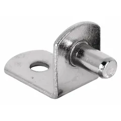 Steel shelf support with nickel-plated finish in gray. Measures 43/64 in height, 11/16 in length, and 1/2 in width. Rated for 20 lb capacity per support. Suitable for light-duty shelving in cabinets, workbenches, or storage racks. Sold in an 8-pack.