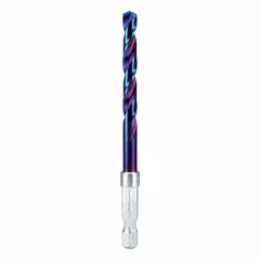This 15/64" (0.2344 inch) twist drill bit is made of high-speed steel (HSS) with a 137° split point that reduces walking during start. It features an impact-rated design and a quick-change hex shank for fast bit changes in high-torque applications. Suitable for drilling into metal, wood, and plastic in industrial maintenance and fabrication tasks.