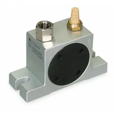 This pneumatic vibrator delivers 659 lbf at 87 psi and operates at up to 31,000 vibrations per minute. It features a 1/4 in NPT inlet and a 1/4 in BSPP port, with an aluminum housing. Suitable for moving bulk materials in hoppers, chutes, and conveyors in industrial material handling applications.