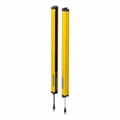Safety light curtain for finger detection with 23 beams at 10 mm spacing, providing a 240 mm protected height. Operates on 24V DC with a 300 mA safety output. Uses 870 nm IR LED light. Both transmitter and receiver connect via M12 connectors. Suitable for safeguarding access to hazardous machinery.
