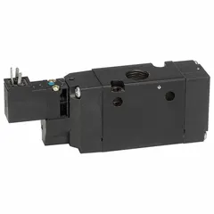 This Parker B Series solenoid-operated inline valve is a four-way, three-position, double-solenoid valve with a closed center. It operates on 24V DC and includes a solenoid coil, DIN connector, internal pilot actuation, and non-locking manual override. Typical applications include pneumatic control for directional control of cylinders or actuators in industrial automation systems.