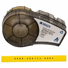Polyolefin, yellow (matte) continuous sleeve label roll cartridge for wire and cable identification. Designed for 10 AWG to 20 AWG wire gauge. Compatible with BMP21-PLUS printer series.