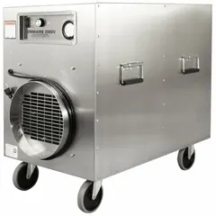 Negative air pressure and particulate filtration unit with a maximum coverage area of 3,750 square feet. Constructed of lightweight aluminum. Includes an air filter. Suitable for maintaining negative air pressure in spaces requiring airborne particle control.