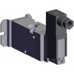 Three-way, two-position solenoid valve from the SMC VP Series. Single solenoid, normally closed operation. Rated for 24V DC with female 3/8 BSPT connections. Used to direct or block compressed air in pneumatic systems for industrial automation, packaging, and material handling applications.