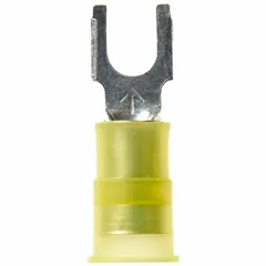 Nylon-insulated block fork terminal for terminating 12 AWG to 10 AWG wire onto a #10 stud. Rated 600 V with insulation grip barrel. Suitable for industrial control panels and electrical distribution equipment.
