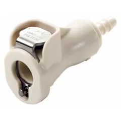 This straight polypropylene quick-disconnect tube fitting features barbed x barbed connections for 1/16 in pipe size in an almond color. It is suited for low-pressure fluid transfer in small-diameter tubing systems requiring frequent connect and disconnect cycles.