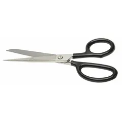 These plastic-handle scissors feature straight steel blades with pointed tips and a black finish. With a 7-inch overall length, they are suited for general cutting tasks in industrial, warehouse, and maintenance environments.