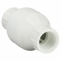 Inline check valve with PVC body and stainless steel poppet. Prevents backflow in piping systems. 1 1/4 in pipe size with female IPT connections on both ends.