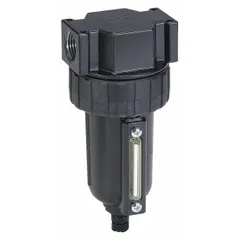 Particulate filter for compressed air systems, removing solid contaminants down to 5 micron. With 3/8 in NPT connection, 80 cfm flow capacity, and 250 psi maximum operating pressure. Used in pneumatic lines to protect downstream components such as valves, cylinders, and tools.