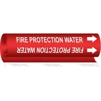 Red wrap-around pipe marker with white legend reading 'Fire Protection Water' and directional arrows. Fits pipe outer diameters from 1-1/2 to 2-3/8 inches. Used to identify fire protection water lines in piping systems for safety and compliance