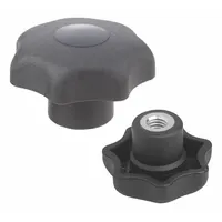 7-arm knob with threaded hole, 25 mm diameter, plastic body with stainless steel #10-32 thread, 10 mm thread length. Used for manual clamping, positioning, and adjustment on industrial machinery, jigs, and fixtures