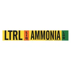 Ammonia adhesive pipe marker for LIQ phase at Low pressure. Fits pipe outer diameter 2-1/2 to 7-7/8 inches. Printed in English without arrows. Includes 1 marker per order.