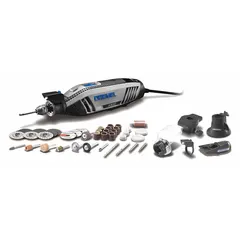 This handheld corded rotary tool kit operates at 1.8 A with variable speed control for precise material removal. The 1/8-inch collet accommodates a range of accessories for cutting, grinding, sanding, polishing, and engraving. Suitable for metalworking, woodworking, and general DIY tasks.
