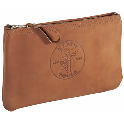 KLEIN TOOLS Tool Bag: 12 1/2 in W x 3/4 in D x 7 in H, Brown, Leather, 1 Inside Pockets - Leather Flat Zippered Tool Bags