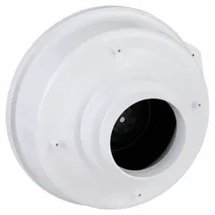 This inline duct fan is designed for general ventilation applications in residential or light commercial HVAC systems. It features a 4-inch duct connection, delivers up to 180 cfm, and operates on 120V AC with a single speed that is speed controllable. The fan includes a mounting bracket and has a plastic housing with a standard-efficiency motor.
