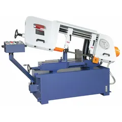 This mitering semi-automatic horizontal band saw is designed for cutting metal stock in industrial fabrication, maintenance, and production environments. It features a 12 in x 18-1/2 in capacity, blade speed range of 85 to 370, and mitering capability from 0° to 45°. The saw is powered by a 4.3 HP motor, operates on 3-phase, 460V AC, and is suitable for structural steel, pipe, and bar stock.