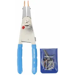 Convertible retaining-ring pliers for installing and removing both external and internal retaining rings. Handles bore diameters from 1 3/16 in to 4 in with a 10 in overall length and a ring range of 9 - 11 in. Suitable for industrial maintenance, assembly, and repair applications.