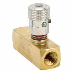 General purpose flow control valve with manual rotary knob adjustment. Brass body with 1/4 in NPT ports. Maximum flow rate 5 gpm. Used in hydraulic circuits to regulate fluid flow in applications such as machining, material handling, and power transmission.