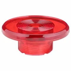 This 30 mm panel-size mushroom head is constructed from polycarbonate and attaches via a screw-on mechanism. It is designed for use with illuminated operators in industrial control panels, providing a red actuator for stop or emergency functions.