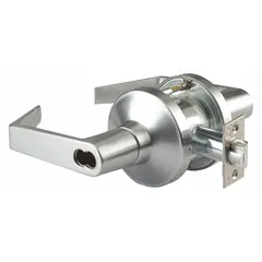 Classroom lever lockset with satin chromium-plated die cast zinc finish. ADA compliant with LFIC (Large Format Interchangeable Core). ANSI F110 function allows key-locking from outside and free egress inside. Suitable for interior doors in educational and institutional settings.