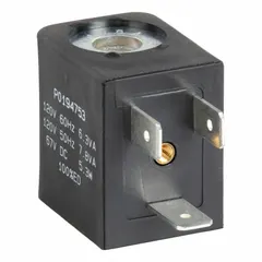 This solenoid coil operates at 120V AC with a 22 mm coil size. It features a plug-in connection conforming to DIN 43650 Form B and an IP65 rating for protection against dust and water jets. Designed for use with solenoid-operated inline air control valves in pneumatic systems, it functions within a temperature range of 14°F to 120°F.