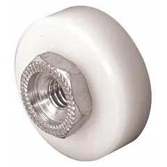 This roller assembly is a screen door hardware component used to guide and support sliding screen doors within their tracks. It has an overall height and length of 3/4 in, comes in an unfinished white finish, and is packaged as 1 pair (PR).