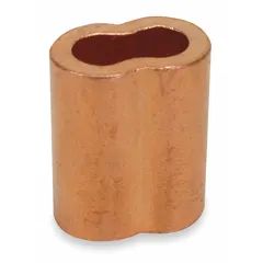 Copper oval sleeve for swaging onto 1/4 inch diameter wire rope to form permanent loops or splices. Plain finish. Pack of 25. Used in rigging, lifting, and industrial tie-down applications.