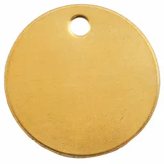 General-purpose blank valve tags made of brass with a yellow finish. Each tag is round, measuring 2 inches in diameter and 0.04 inches thick. Supplied in a pack of 25. Suitable for labeling valves, pipes, and equipment in industrial environments.