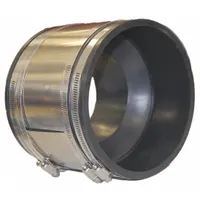 This shielded flexible transition coupling is designed for 6 in pipe made of clay, iron, or PVC. It features a stainless steel shield and PVC sleeve, with an overall length of 6 in. Suitable for below-ground use in drainage and sewer systems