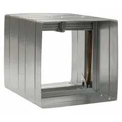 Rectangular fire damper with curtain blade and spring closure, designed for horizontal mounting. Measures 9 3/4 inches in height and width with a 12-inch length. Suitable for dynamic HVAC applications to prevent fire and smoke spread through ductwork.