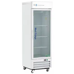 This upright pharmacy refrigerator provides 16 cu ft of storage capacity and maintains a temperature range of 2°C to 7°C. It features a white swing glass door with right-hand opening, a temperature alarm, and uses R-290 refrigerant. Typical applications include storage of vaccines, medications, and other temperature-sensitive pharmaceuticals in clinical and pharmacy settings.