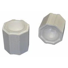 White polystyrene bottle mailer with outside height 10 1/2 in and outside length 4 3/4 in. Designed to securely hold a bottle container for laboratory transport or storage.