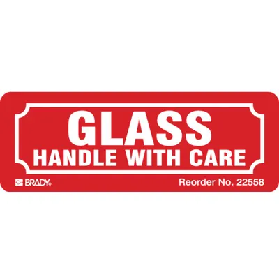 BRADY Instructional Handling Label: Glass/Handle with Care, 3 in x 3 in, Red - FRAGILE Handling Labels