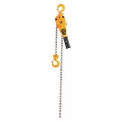 Steel-bodied lever chain hoist for vertical lifting and pulling of loads up to 1,600 lb. Hook-mounted design with 5 ft lift length, suitable for industrial maintenance, construction, and rigging applications where precise load positioning is required. No overload protection included.