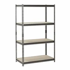 This SANDUSKY shelving unit features a split-post boltless design for tool-free assembly and reconfiguration. It includes four particleboard shelves with a total height of 60 inches. Suitable for organizing parts, boxes, and tools in warehouses, maintenance shops, and industrial facilities.